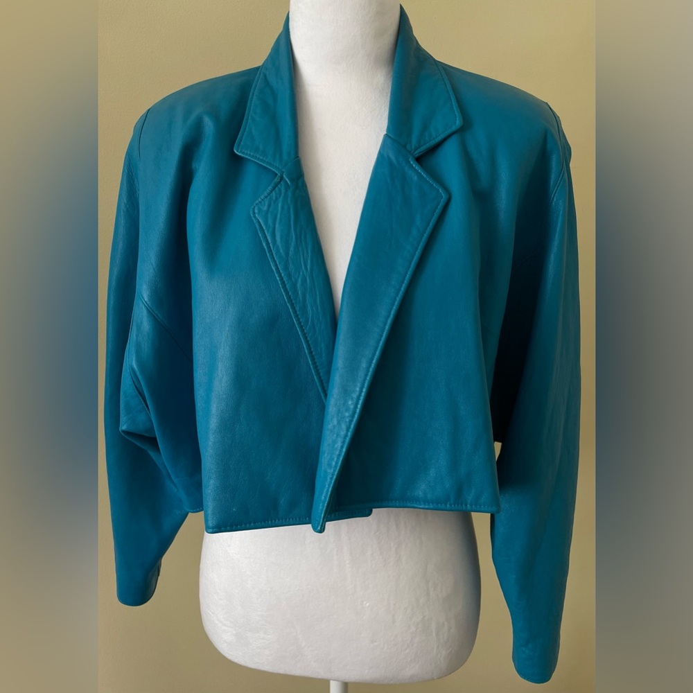 Firenze Santa Barbara Vintage XL Teal Blue Cropped Open Leather Jacket READ